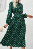 Green Tie Waist Puff Sleeves Dress 
