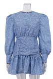 Blue Smocked Printed Dress 