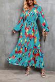 Puff Sleeves Printed Splicing Maxi Dress 