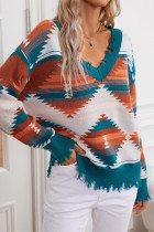 Aztec Ripped V Neck Knitting Top 