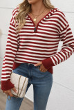 Red Stripes Zipper Hooded Sweater 