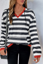 V Neck Stripes Kangaroo Pockets Hoodie 