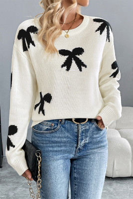 Bowknot Jacquard White Knitting Sweater 