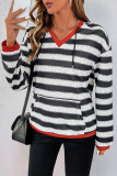 V Neck Stripes Kangaroo Pockets Hoodie 
