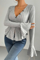 Grey Ribbed Knitting Flare Sleeves Top 