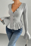Grey Ribbed Knitting Flare Sleeves Top 