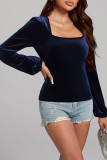 Navy Square Neck Velvet Puff Sleeves Top 