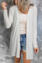 White Solid Color Ribbed Button up Tunic Cardigan