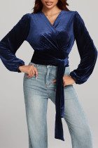 Navy Velvet V Neck Top 
