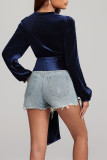 Navy Velvet V Neck Top 