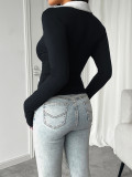 Turndown Collar V Neck Long Sleeves Top 