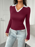 Turndown Collar V Neck Long Sleeves Top 