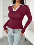 Turndown Collar V Neck Long Sleeves Top 