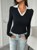 Turndown Collar V Neck Long Sleeves Top 