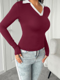 Turndown Collar V Neck Long Sleeves Top 
