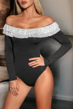 Black Off Shoulder Ruffle Sequin Bodysuit 