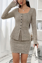 Khaki Knitting Top and Dress Set 