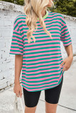 Colorblock Stripes Crew Neck Short Sleeves Top 