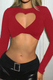 Red Long Sleeves Heart Pattern Crop Top 