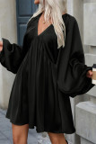 Black V Neck Lantern Sleeves Ruffle Dress 
