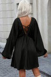 Black V Neck Lantern Sleeves Ruffle Dress 
