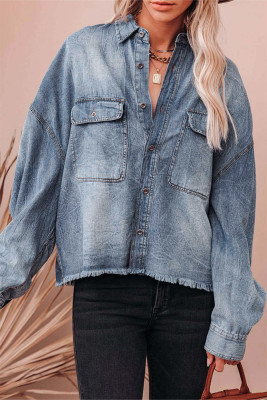 Blue Raw Hem Denim Shirt 