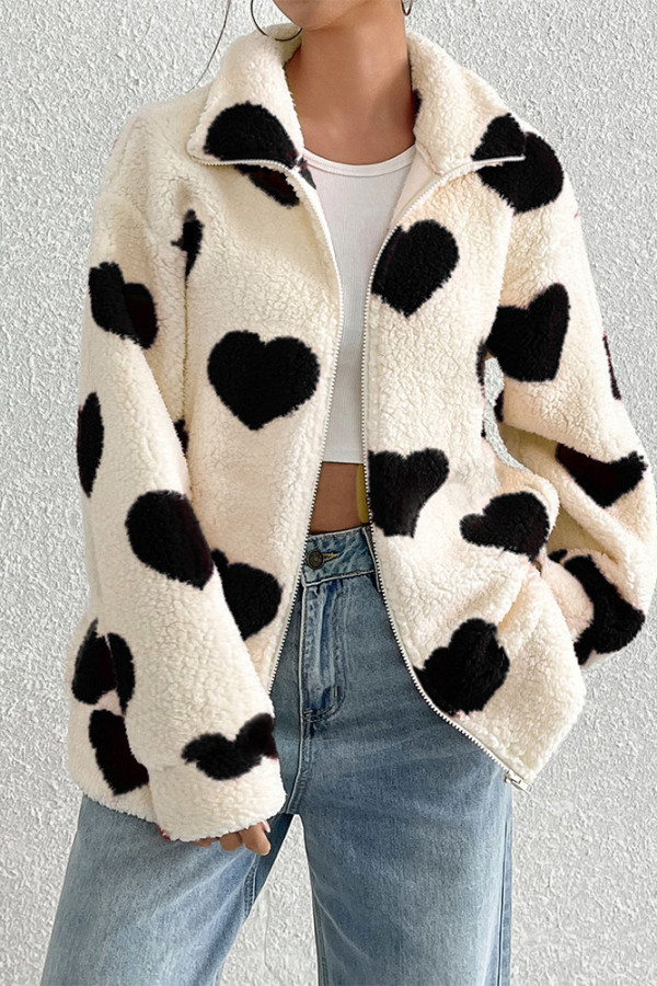 Heart Pattern Fleece Zipper Coat 
