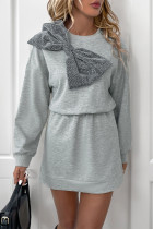 Grey Bowknot Long Sleeves Dress 