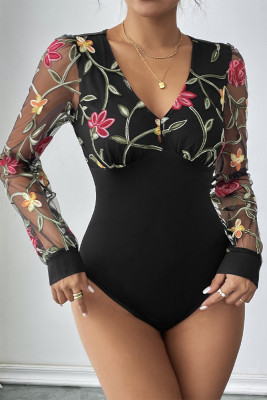 Floral Mesh Sleeves Black Bodysuit 