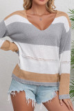 Colorblock V Neck Long Sleeves Sweater 