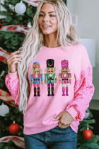 Pink Nutcracker Graphic Christmas Sequin Sleeve Drop Shoulder Top