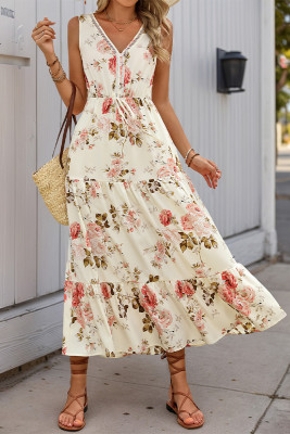 Sleeveless V Neck Floral Dress 