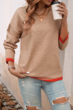 Khaki V Neck Long Sleeves Knitting Sweater Top 