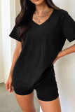 Solid Color V Neck Two Pieces Short Set 