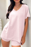 Solid Color V Neck Two Pieces Short Set 
