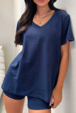 Solid Color V Neck Two Pieces Short Set 