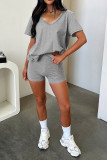 Solid Color V Neck Two Pieces Short Set 