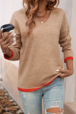 Khaki V Neck Long Sleeves Knitting Sweater Top 