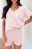 Solid Color V Neck Two Pieces Short Set 