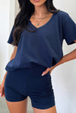 Solid Color V Neck Two Pieces Short Set 