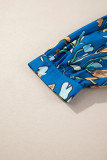 Blue Floral Notched V Neck Half Sleeve Plus Size Blouse
