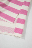 Pink Stripe Patchwork Textured Short Sleeve High Low Loose Top
