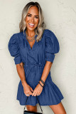 Blue Drawstring High Waist Puff Sleeve Denim Mini Dress