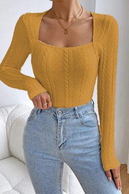 Cable Knit Square Neck Long Sleeves Bodysuit 