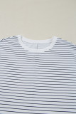 White Stripe Ruffled Short Sleeve Crew Neck T Shirt Shift Mini Dress
