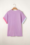 Rose Red Leopard Colorblock Patchwork Corded Knit Plus Size T Shirt