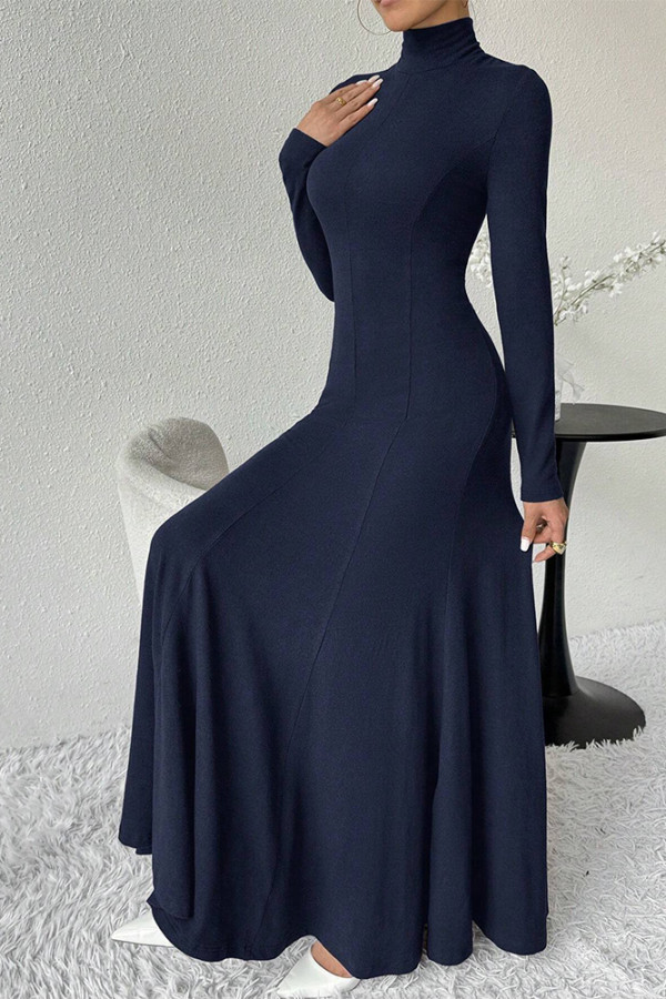 Navy Ruffle Long Sleeves Maxi Dress 