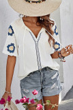 V Neck Embroidery Short Sleeves Top 