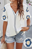 V Neck Embroidery Short Sleeves Top 