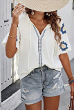 V Neck Embroidery Short Sleeves Top 